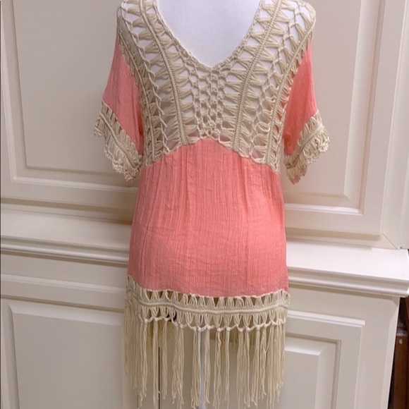 Kori Peach Bohemian Crochet Lace Fringe Top Swim Coverup Dress Gauzy Sz S - Picture 2 of 11